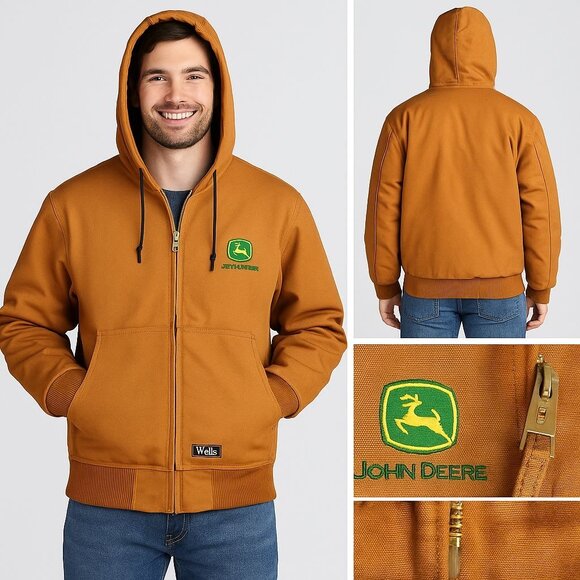 Walls x John Deere Workwear Hooded Jacket Mens XL Brwn Duck Canvas Quilted NWT - Picture 1 of 10